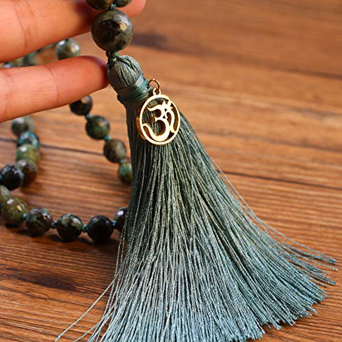 COAI OM Charm Hand Knotted Tassel 108 Mala Beads African Turquoise Stone Beaded Necklace