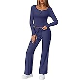 Herseas Women's 2 Piece Outfits Long Sleeve Button Down Tops Flared Pants Tracksuits Casual Lounge Set