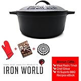 Cast Iron Dutch Oven 10" 3.5Qt By Iron World | Hand Made, Black, Pre Seasoned | 3 x Bonus Gifts - $15 Value Meat Rack-Trivet, Chef Glove and BBQ Recipes eBook