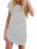 LILBETTER Women Crew Neck Short Sleeve Striped Loose T-Shirt Mini Dress