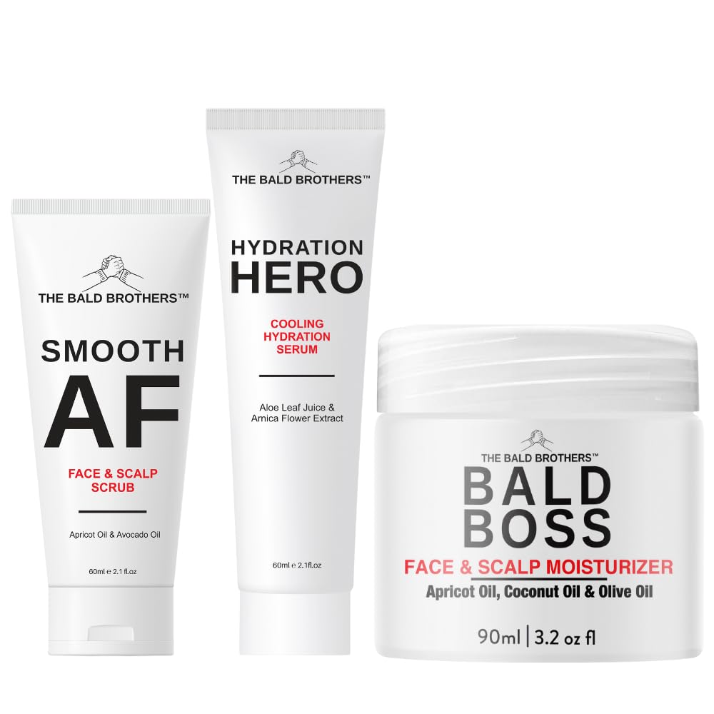 The Bald Brothers 3 Piece Full Bald Head Care Set | Complete Skincare Set for Men | Cleanse, Exfoliate, Hydrate & Moisturise | Vegan | 60-90 Day Supply