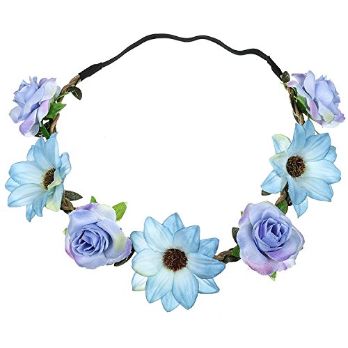 Women Girl Sunflower Rose Flower Crown Wedding Festival Headband Hairband Hair Garland(Blue)