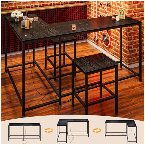 Simple Wisdom Barra Desayunador para Cocina,Barra de Cocina Convertible en Forma de L con Tomas de Corriente,Barras para Cocinas Pequeña de 3 Piezas y 2 Taburetes,Juego de Mesa de Bar(Color Negro)