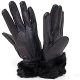 Womens Dressy Leather Gloves Rabbit Fur Trim Warm Thin Thermal Lining Insulation