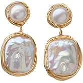 LOOYUUPEE Pearl Earrings for Women,Baroque Freshwater Pearl Earrings for Women, Wire Wrap Gold Pearl Drop Earrings Jewelry, Handmade Jewelry Gift for Mom Lover Her (14K Gold Plated）