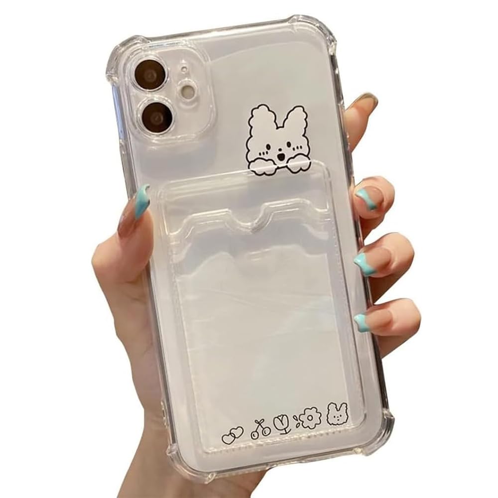 Casechics Compatible with iPhone Case,Cute Kawaii Cartoon Bunny Bear Clear Credit Card Slot Holder Wallet Transparent Corner Protection Soft Shockproof Cover Phone Case (Bunny,iPhone 14 Pro)