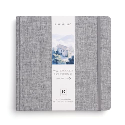 Fuumuui 30 Sheets Watercolour Journal 7.6 x 7.6 in/19.3 x 19.3cm, 100% Cotton Watercolour Paper 140LB/300GSM, Cold Pressed Travel Watercolor Sketchbook for Art Painting, Drawing, Mixed Media