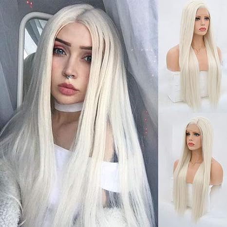 ), Blond, Kunsthaar, Lace-Front-Perücke für Frauen, Seide, hitzebeständig, ohne Klebstoff, Perücke, handgebunden, Ersatz, für