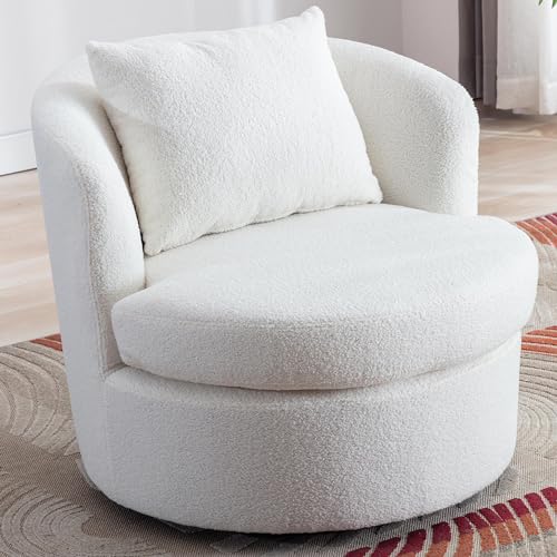 INZOY Swivel Barrel Chair - Lamb Wool Fabric Accent Chair with Plump Pillow for Comfy Living Room Use