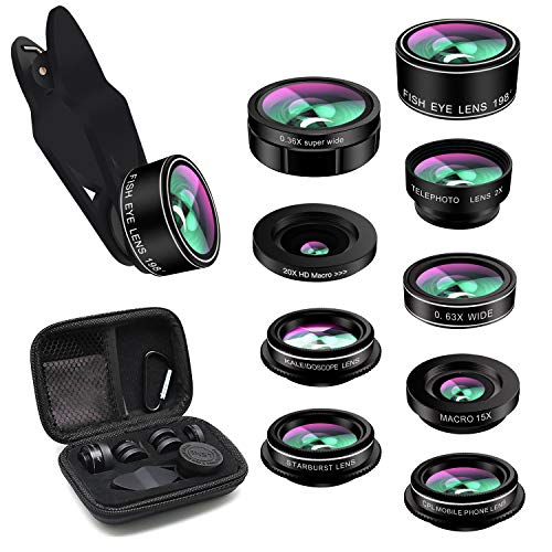 Cell Phone Camera Lens,TODI 9 in 1 Wide Angle Lens,Macro Lens,Fisheye Lens,Telephoto Lens,CPL Lens, Kaleidoscope and Starburst Lens Compatible iPhone,Samsung, Most Andriod Phones