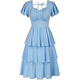 Belle Poque Women's Vintage Square Neck Dress 2026 Summer Short Sleeve Layered Tiered Ruffle A-line Swing Midi Dress