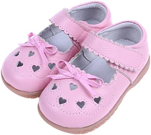 Alatta Leather Girls Shoes Mary Janes with Heart Cut-Outs Embroidery Butterfly Decorated (8, Pink)