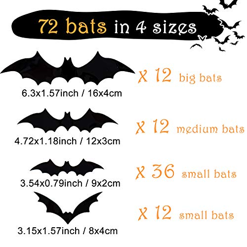 Whaline 72 Pack 3D Bats Stickers Plastic Wall Bat Decals for Home