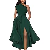 LILYIN Women's One Shoulder Sleeveless Belted Side Slit Cocktail Party Swing Dress with Pockets