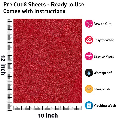 HTVRONT Red Glitter Heat Transfer Vinyl HTV 8 Sheets 12in x 10in Red