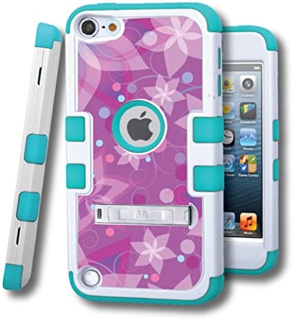 iPod touch 5 Case, CASECREATOR[TM] For Apple iPod touch 5 5G 5th GEN () -- TUFF Hybrid Rubber Hard Snap-on Case Natural Cream W/Tropical Teal-Purple Flower Design