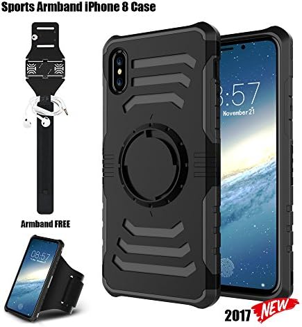 Sports Armband Case for iPhone X, Hybrid Armor Heavy Duty Shockproof Case with Dual Layer Hard PC+ Soft TPU Impact Protection and Built-in Metal as Magnetic Car Mount Holder(iPhone X Black)