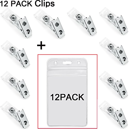 ID Badge Holder Vertical with Metal Badges Clips Name Tags Hole Punched Zipper Waterproof Resealable Clear Plastic Labels Credit Card Holder for Employees Heavy Duty Pair Metal Badge Clips (12 Pack)