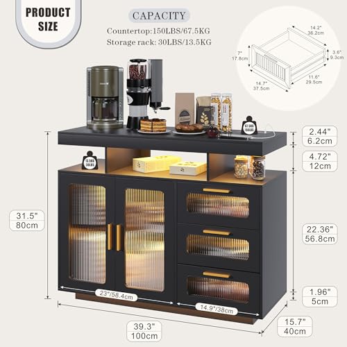 Coffee Bar Cabinet with Storage, Buffet Sideboard with RGB Light, Modern Coffee Bar Table with Charging Station (Black-93007)