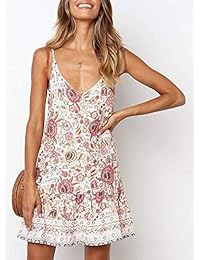 Annystore vestido corto de playa con volantes, estampado floral, con correa de espagueti, cuello en V, para mujer
