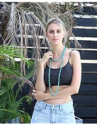 POTESSA Collar con cuentas de turquesa infinitas, largo, con cuentas de nudo, varias capas, hecho a mano