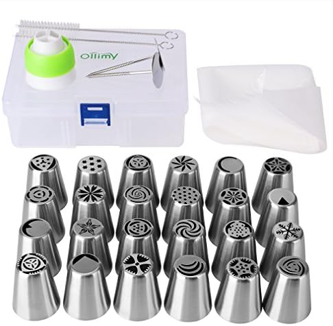 Russian Piping Tips - 49 Cake Decorating Supplies Set -24 Icing Piping Nozzles + 20 Piping Bags+ 1 Couplers +2 Flower Nails+2 Cleaning Brush - Baking Tools for Cakes Cupcake