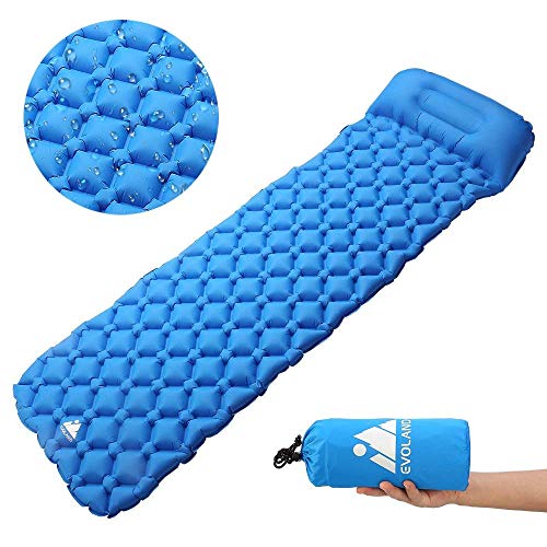 Evoland Camping Sleeping Pad with Pillow, Self Inflating Sleeping Pad for Camping, Backpacking, Hiking, Lightweight, Waterproof, Compact, Durable, Storage Bag Included (Blue)
