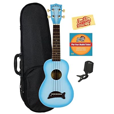 Kala MK-SD-LBBURST Makala Dolphin Soprano Ukulele - Light Blue Burst Bundle with Hard Case, Tuner, Austin Bazaar Instructional DVD, and Polishing Cloth, Light Blue Burst, Bundle w/ Hard Case