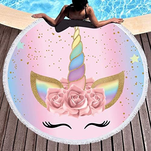 Tretree Cute Printed Unicorn Microfiber Large Round Beach Towel Thick Terry Cloth Beach Blanket for Children Adult 150CM