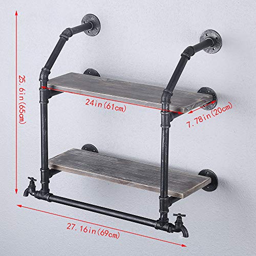 Industrial Bathroom Shelves Wall Mounted 2 Tiered,Rustic Pipe Shelf with Towel Rack Bathroom Shelf Over Toilet,24in Iron Pipe Shelving with Towel Bar,Farmhouse Wood Shelves Metal Floating Shelves