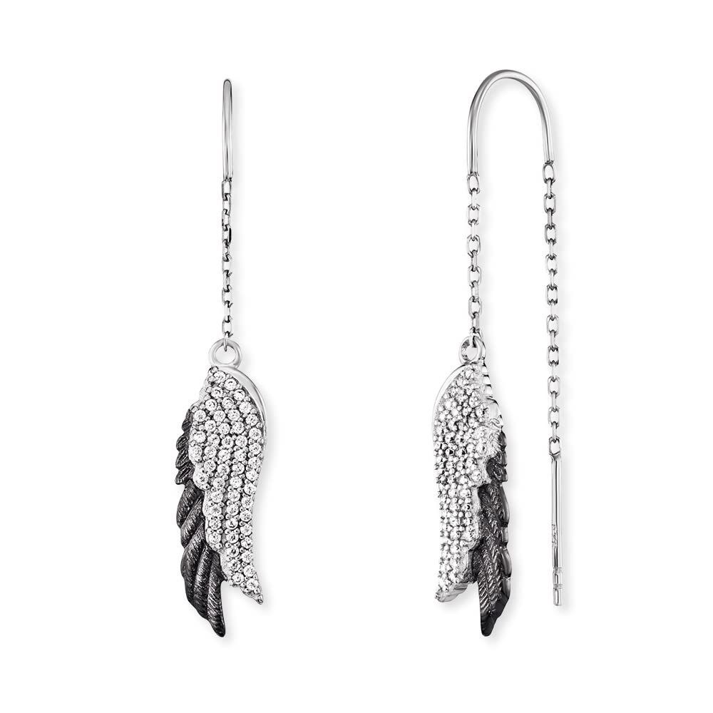 Angel Whisperer Elegant Drop Earrings | 925 Sterling Silver • Black & Silver Wing Design • 102 Zirconia Stones • Hook Closure • 40mm