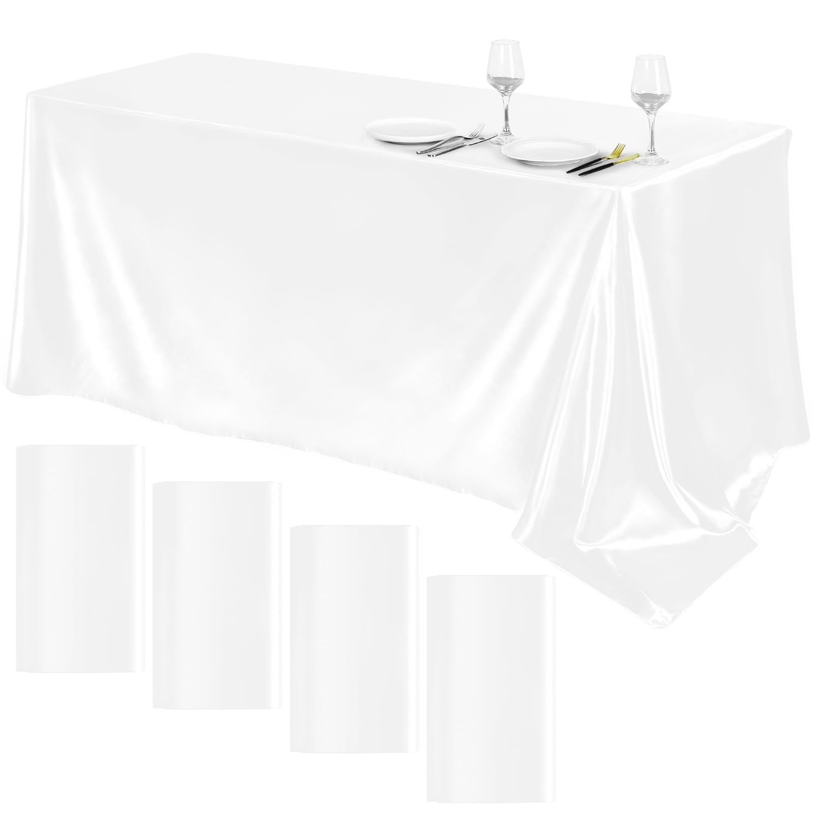 Photo 1 of TURSTIN 4 Packs Satin Tablecloth 102 x 58 Inch Overlay Satin Table Cover Rectangle Bright Silk Tablecloth Smooth Fabric Table Decoration for Wedding Banquet Party Events, White