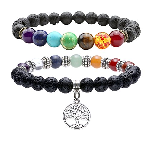 Top Plaza Lava Stone Diffuser Bracelet - Aromatherapy 7 Chakra Tree of Life Charm Yoga Meditation Reiki Healing Crystals Bracelets(2 pcs Set W/Tree of life Charm)