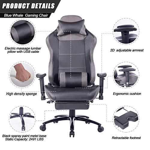 Blue Whale Massage Gaming Chair with Footrest Matel Base-Memory Foam Adjustable Backrest Reclining PC Computer Video Gamer Chair Racing High Back Game Chairs PU Leather Desk Office Chair BW/263 Grey - Thumbnail 2