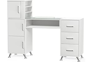 DeerDean White Manicure Table Nail Desk w/Glass & Storages Acetone Resistant Nail Table Station w/Large Capacity