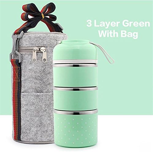 RFVBNM Cute Japanese green Thermal Lunch Box Leak-Proof Stainless Steel Bento Box Kids Portable Picnic School Food Container,3 layer+bag
