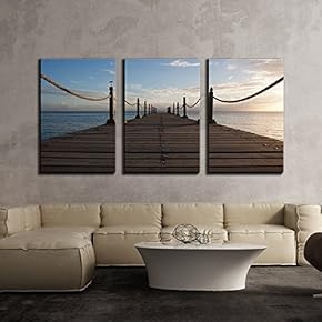 3 Piece Canvas Wall Art - Wooden Bridge Leads to The Sea at Dusk - Modern Home Art Stretched and Framed Ready to Hang - 16"x24"x3 Panels