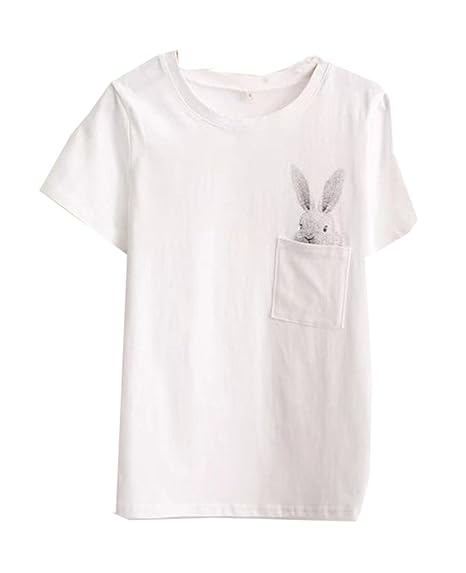 yannzi Womens Cotton T-Shirt Short Sleeve Solid Color Top Tee Funny Pocket Blouse Fashion (White, Small)