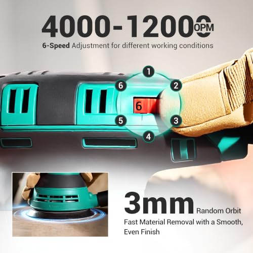 DCA Random Orbital Sander, 300W Electric Sander for Wood, 125mm 12000 OPM | Hand Sander with Dust Collector, 6 Variable Speeds, 10 Pcs Sandpapers for Woodworking Sanding DIY Polishing Home Improvements