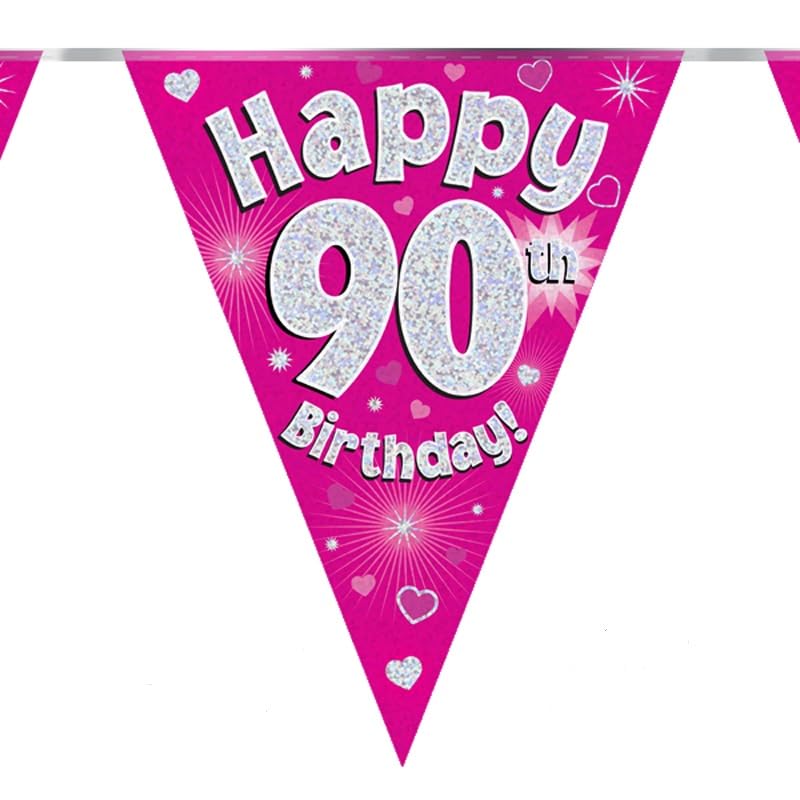 Party Bunting Happy 90th Birthday Pink Holographic 11 Flags 3.9m
