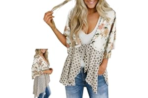 Women's Floral Kimono Ruffle Sleeve Kimono Ruffle Sleeve Lightweight Tie-Front Boho Cover Up with Ruffles 3/4 Sleeves Wear