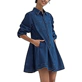 D-Sun Women's Long Sleeve Denim Dress Button Down Collar Casual A Line Swing Ruffle Jean Mini Dresses