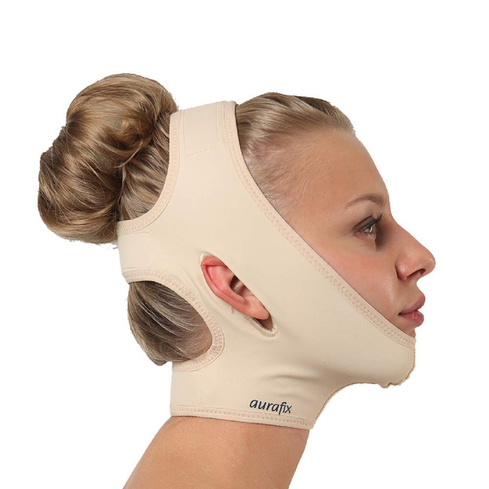 Post Surgical Chin Strap Bandage for Women - Neck and Chin Compression Garment Wrap - Face Slimmer, Jowl Tightening, Chin Lifting (Beige, M)