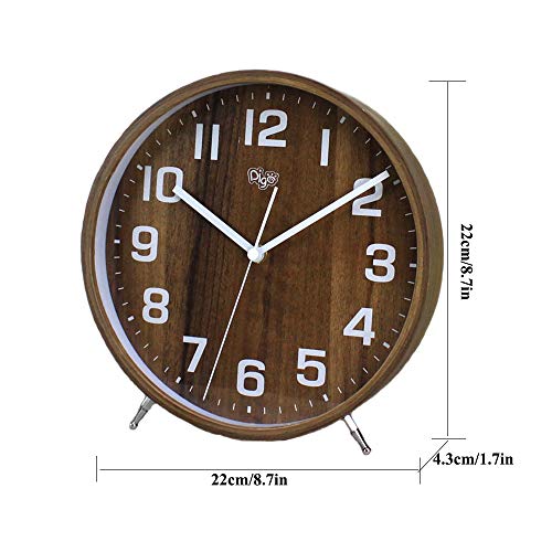 Justup 8 Inch Wood Table Clock, Retro Non-Ticking Table Desk Alarm Clock Battery Operated with Sweep Quartz Movement HD Glass Large Numerals Decorative for Bedroom Living Room Kids Room (Brown)