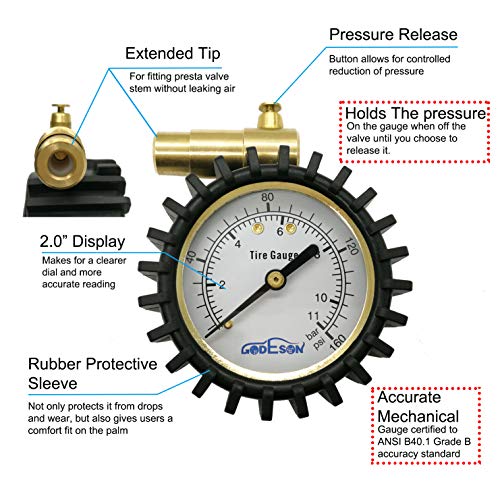 GODESON Presta Valve Tire Pressure Gauge with Bicycle Air Pressure Relief for Road Cycling Tires,Range to 160 PSI/11BAR