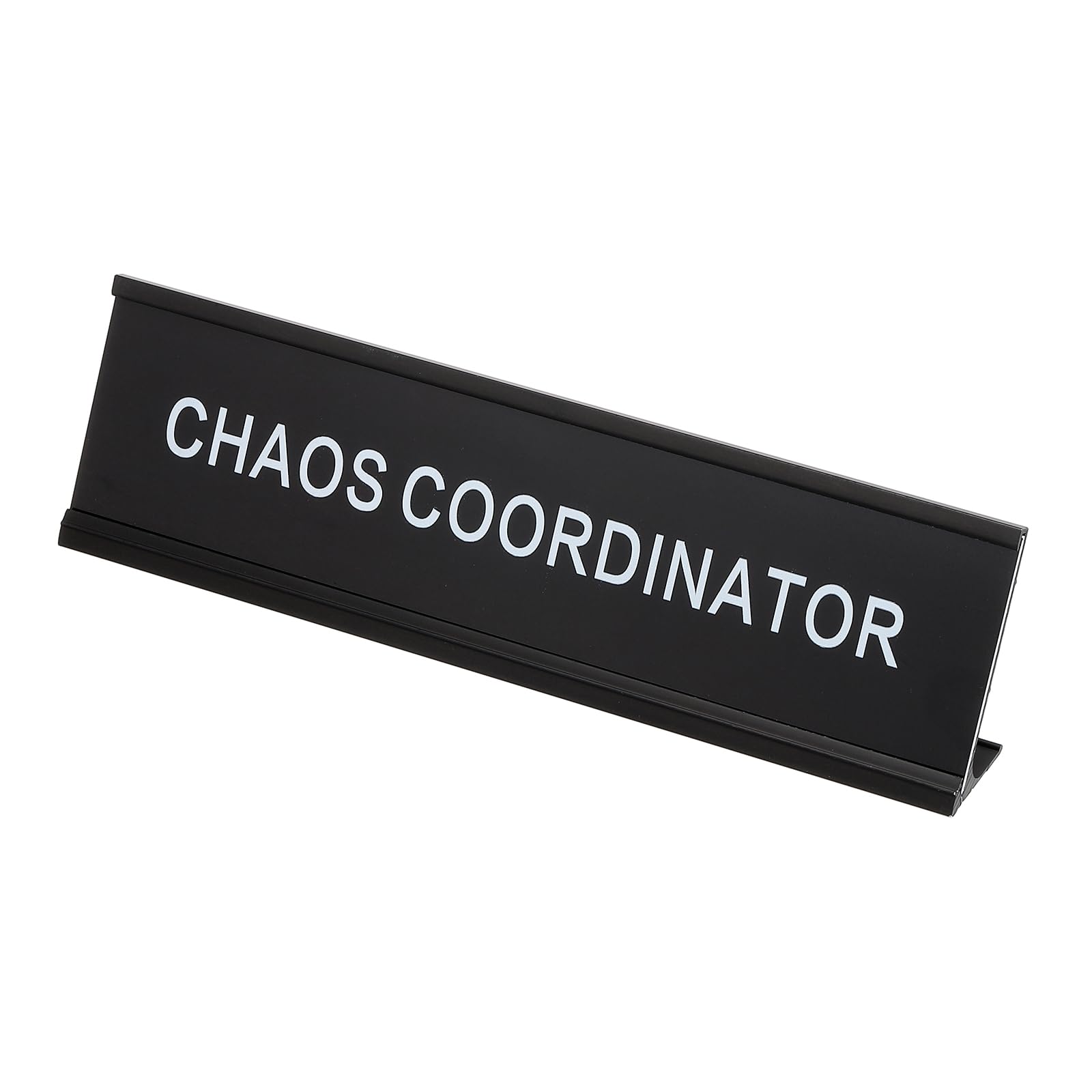 PATIKIL Funny Nameplate, 8"x2" Novelty Desk Sign Plaque Aluminum Desk Name Plate with Base for Office, Black White (Chaos Coordinator)