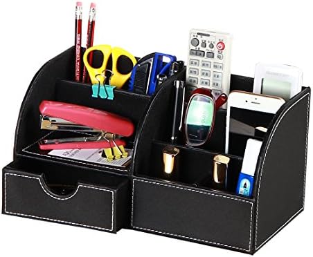 PU Leather 7 Compartments Multifunctional Office Desk Organizer, Desktop Stationery Storage Box Pen/Pencil/Business Card/Mobile Phone /Remote Control Desktop Supplies Organizer (Black)
