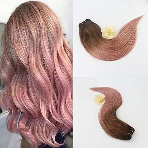 Virgin Hair Double Drown 100% Brazilian Weaving 100grams Balayage Color #3 Brown Fading to #Rose gold Ombre Hair Product (20INCH, 3/rose gold#)