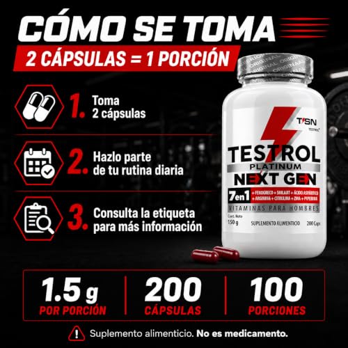 Testrol Platinum Next Gen 7 En 1 para Hombres | Shilajit, Fenogreco, Ácido Aspártico, Maca, Arginina, Citrulina y ZMA | (200 caps)