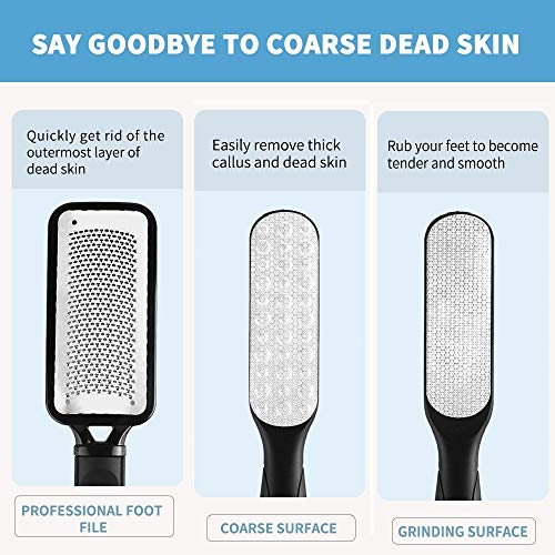 The foot rasp is made of high-quality stainless steel and features a wide, curved surface that easily contours to the foot. It has a coarse surface that quickly and easily removes thick calluses, dead skin, and corns.